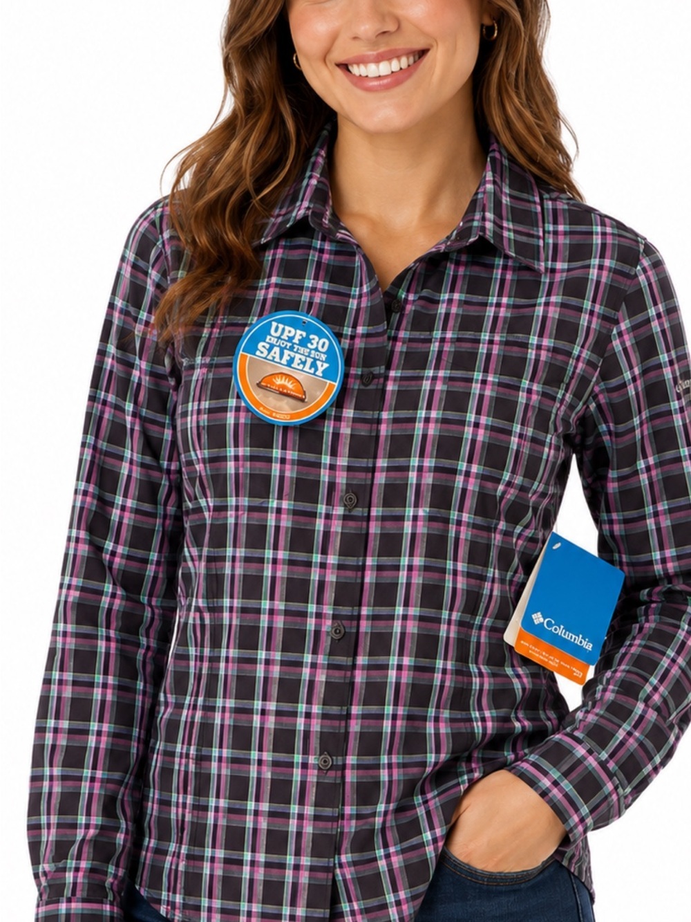 Columbia Black Plaid Shirt with Pink & Teal Lines